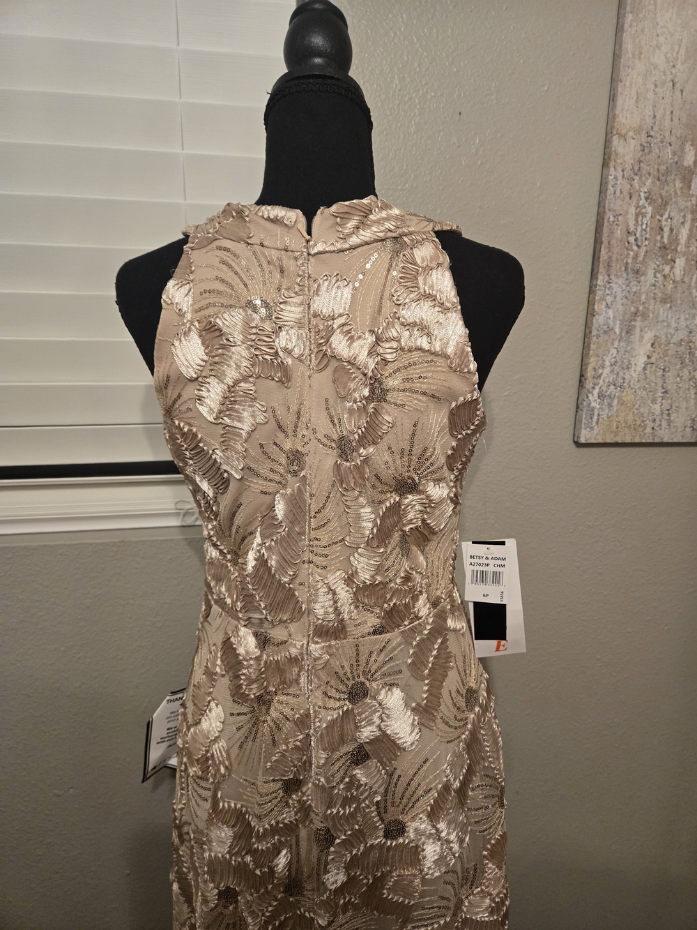 Betsy & Adam Gold Floral Lace Prom Dress - Picture 3 of 7